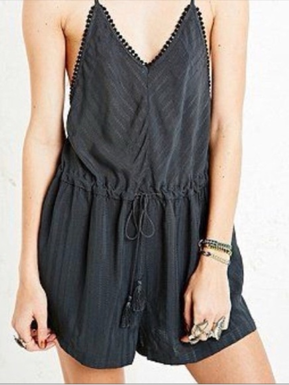 Ecote Charcoal Gray Pom-Trim Romper size small